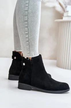 Ocieplane Niskie Botki Sztyblety Na Zamek Eko Zamszowe Czarne Telluara Damskie Czarne Botki|Botki Zimowe Damskie