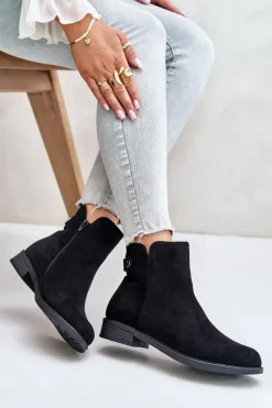 Ocieplane Niskie Botki Sztyblety Na Zamek Eko Zamszowe Czarne Telluara Damskie Czarne Botki|Botki Zimowe Damskie