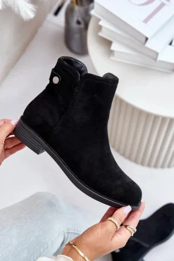 Ocieplane Niskie Botki Sztyblety Na Zamek Eko Zamszowe Czarne Telluara Damskie Czarne Botki|Botki Zimowe Damskie