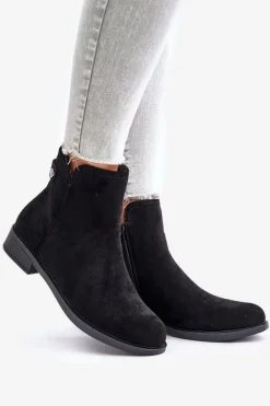 Ocieplane Niskie Botki Sztyblety Na Zamek Eko Zamszowe Czarne Telluara Damskie Czarne Botki|Botki Zimowe Damskie