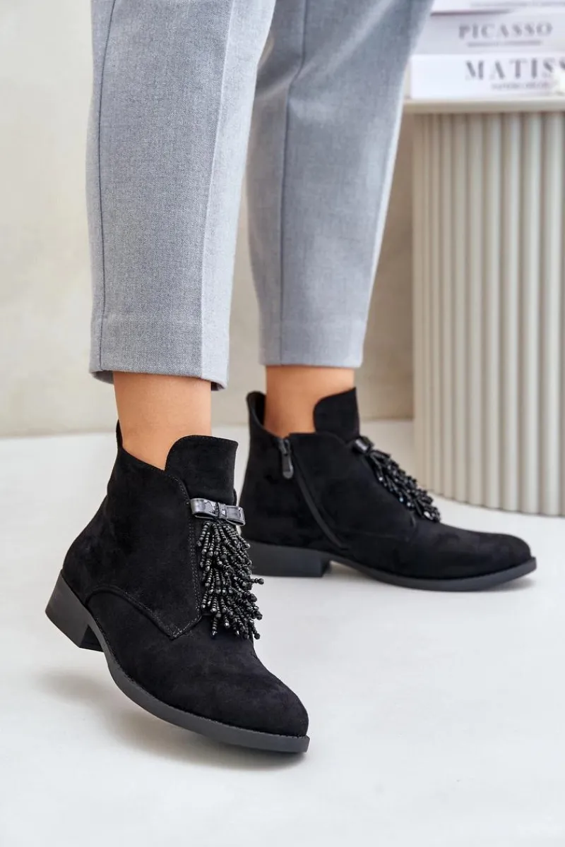Sale Ocieplane Niskie Botki Z Ozdobą Na Zamek S.Barski HY42-715 Czarne Damskie Botki Ocieplane|Botki Płaskie
