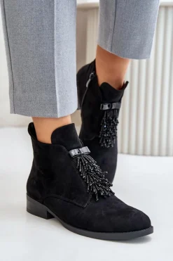 Sale Ocieplane Niskie Botki Z Ozdobą Na Zamek S.Barski HY42-715 Czarne Damskie Botki Ocieplane|Botki Płaskie