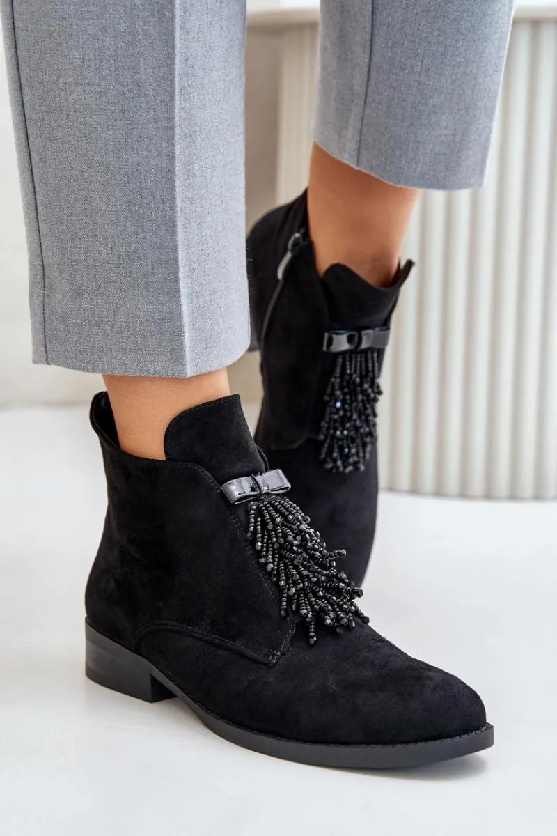 Sale Ocieplane Niskie Botki Z Ozdobą Na Zamek S.Barski HY42-715 Czarne Damskie Botki Ocieplane|Botki Płaskie