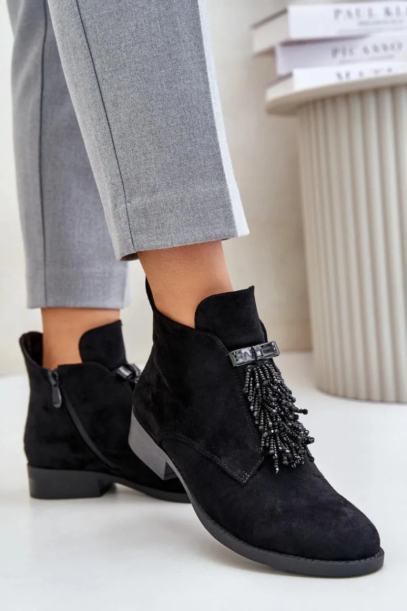 Sale Ocieplane Niskie Botki Z Ozdobą Na Zamek S.Barski HY42-715 Czarne Damskie Botki Ocieplane|Botki Płaskie