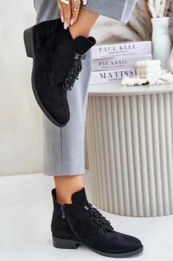 Sale Ocieplane Niskie Botki Z Ozdobą Na Zamek S.Barski HY42-715 Czarne Damskie Botki Ocieplane|Botki Płaskie