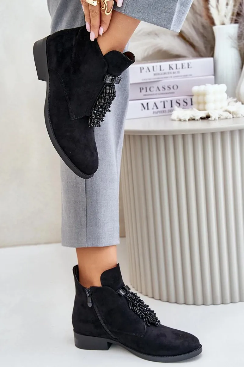 Sale Ocieplane Niskie Botki Z Ozdobą Na Zamek S.Barski HY42-715 Czarne Damskie Botki Ocieplane|Botki Płaskie