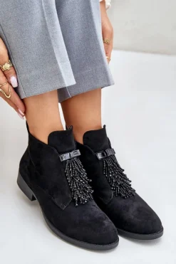 Sale Ocieplane Niskie Botki Z Ozdobą Na Zamek S.Barski HY42-715 Czarne Damskie Botki Ocieplane|Botki Płaskie