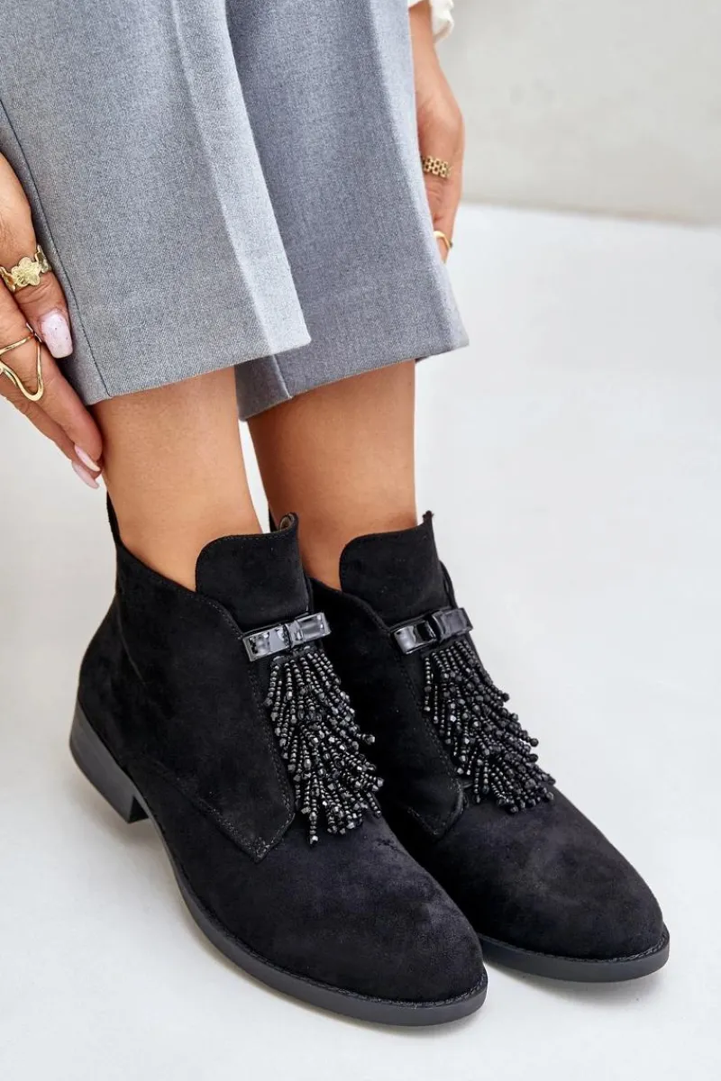 Sale Ocieplane Niskie Botki Z Ozdobą Na Zamek S.Barski HY42-715 Czarne Damskie Botki Ocieplane|Botki Płaskie