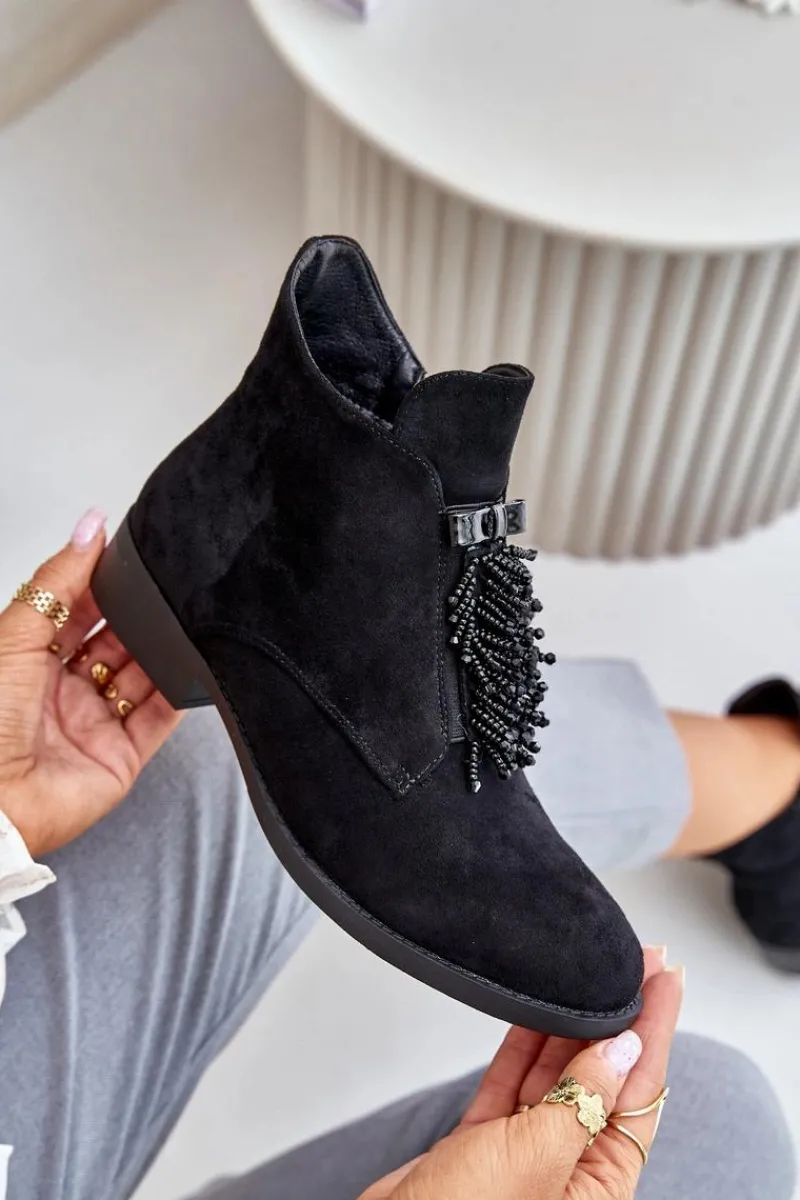 Sale Ocieplane Niskie Botki Z Ozdobą Na Zamek S.Barski HY42-715 Czarne Damskie Botki Ocieplane|Botki Płaskie