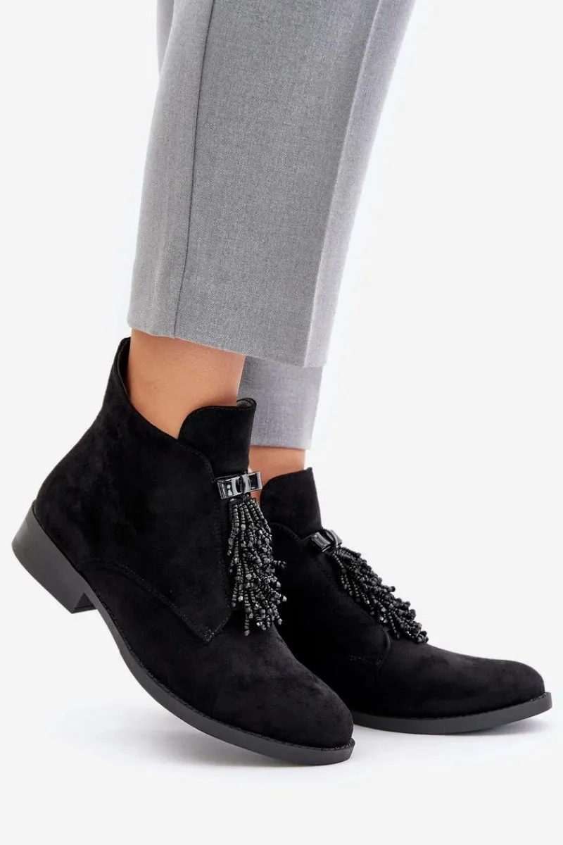 Sale Ocieplane Niskie Botki Z Ozdobą Na Zamek S.Barski HY42-715 Czarne Damskie Botki Ocieplane|Botki Płaskie