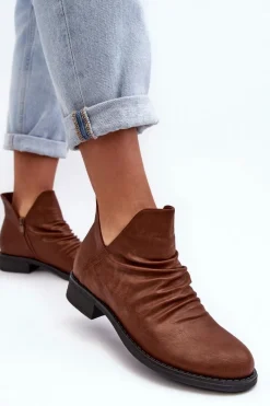 Brązowe I Beżowe Botki|Botki Płaskie>Boto Ocieplane Niskie Botki Z Marszczeniem Brązowe Sakaala