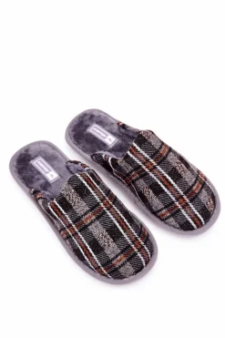 Sale Ocieplane Papcie Męskie Kratka Szare Whisper Męskie Papcie Męskie