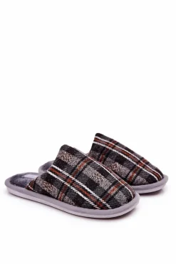 Sale Ocieplane Papcie Męskie Kratka Szare Whisper Męskie Papcie Męskie