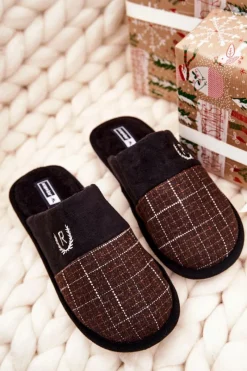 Hot Boto Ocieplane Papcie W Kratkę Czarno-Brązowe Blase