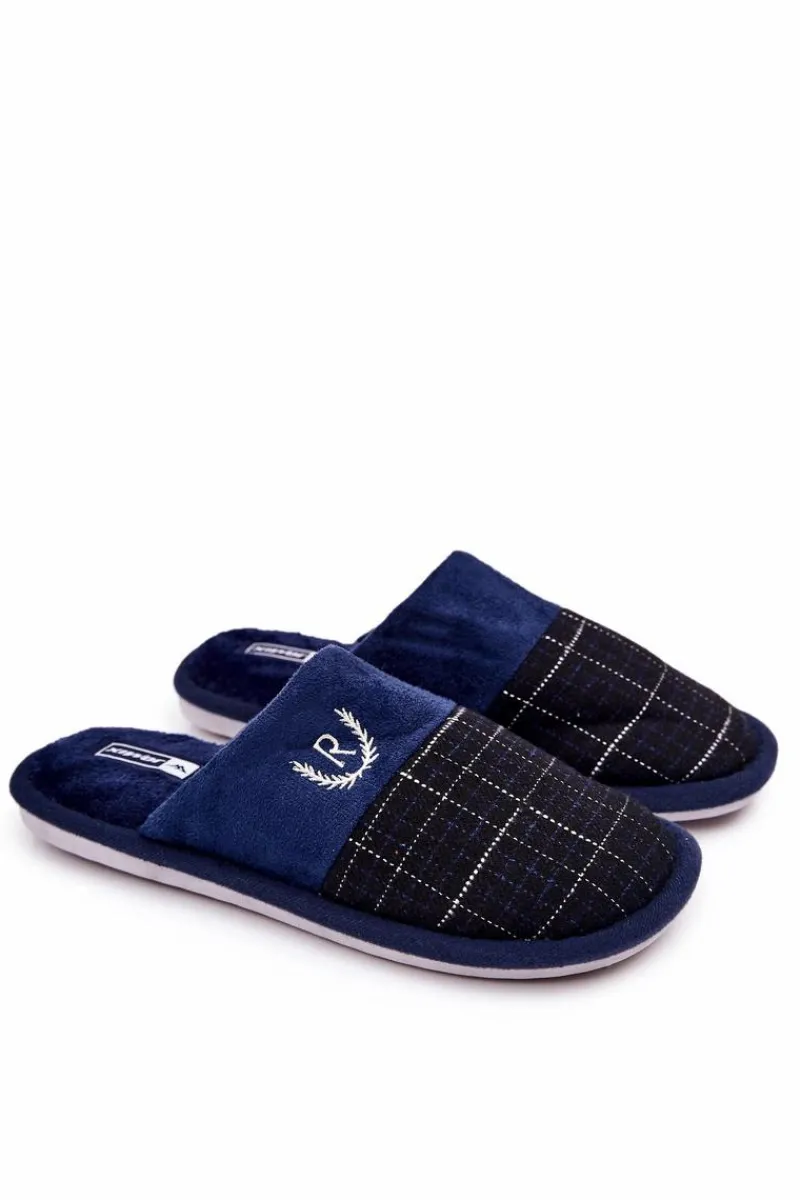 Best Ocieplane Papcie W Kratkę Granatowe Blase Męskie Papcie Męskie