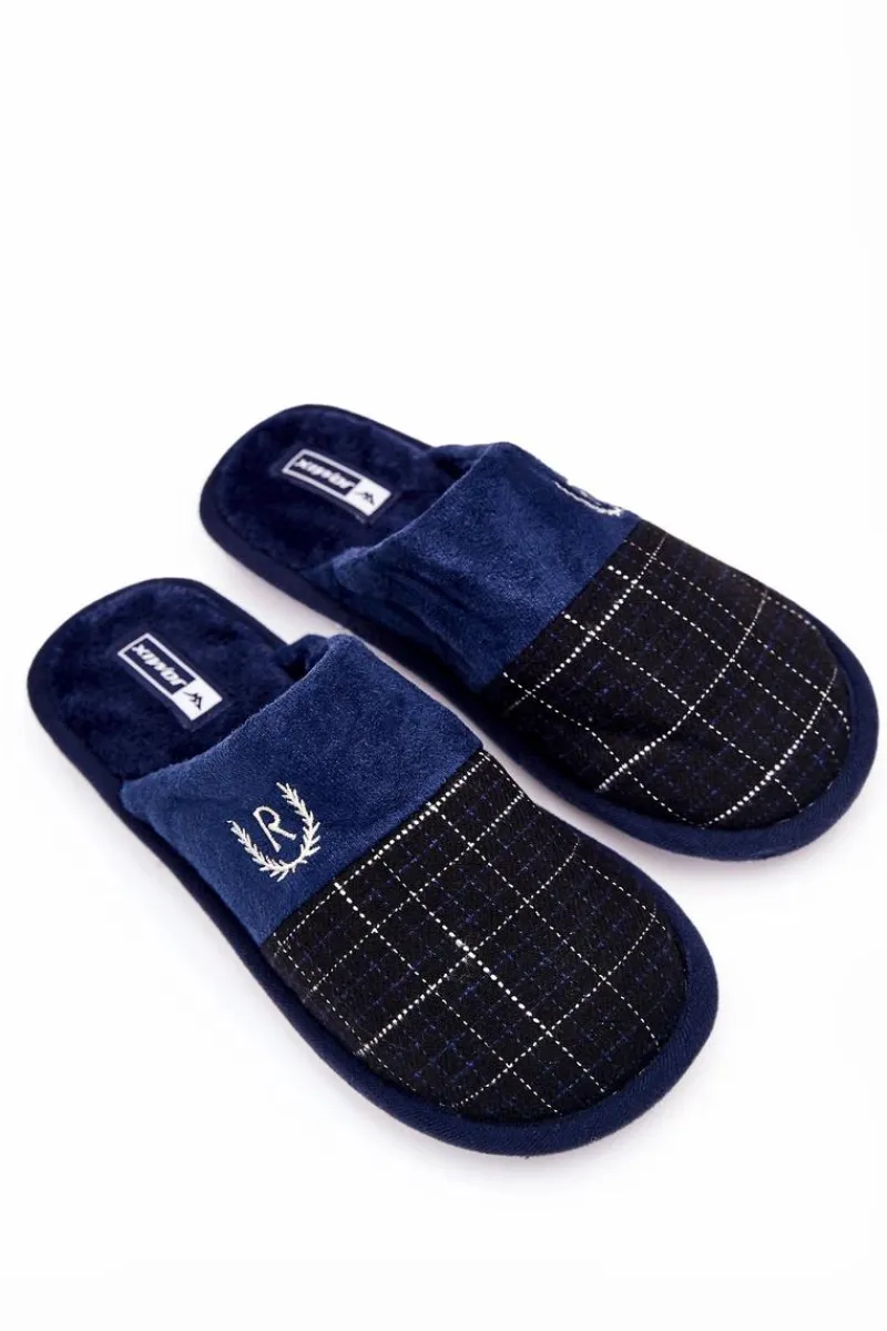 Best Ocieplane Papcie W Kratkę Granatowe Blase Męskie Papcie Męskie