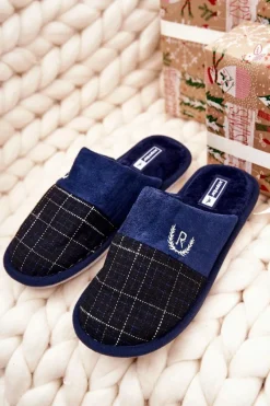 Best Ocieplane Papcie W Kratkę Granatowe Blase Męskie Papcie Męskie