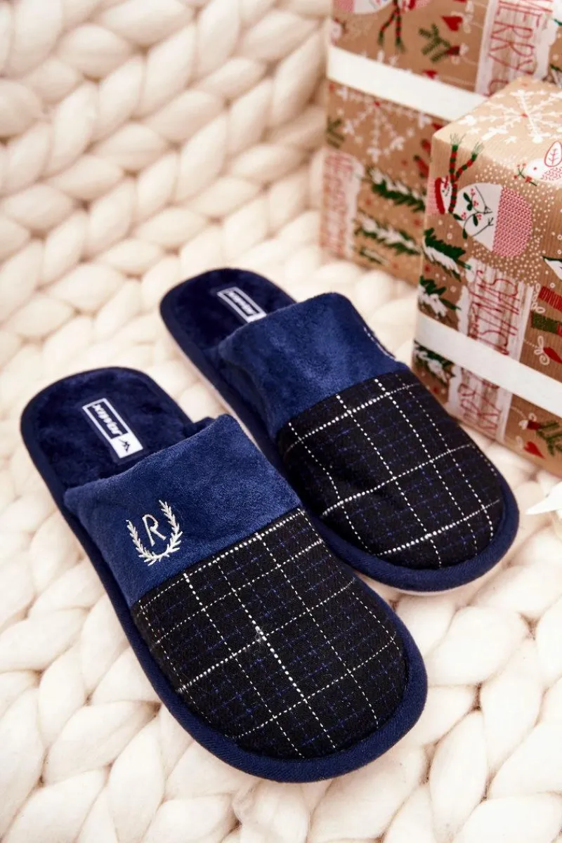 Best Ocieplane Papcie W Kratkę Granatowe Blase Męskie Papcie Męskie