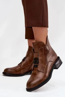 Botki Ocieplane|Botki Na Obcasie>Boto Ocieplane Skórzane Botki Damskie Z Ozdobnym Detalem Brązowe Briselda Brązowy