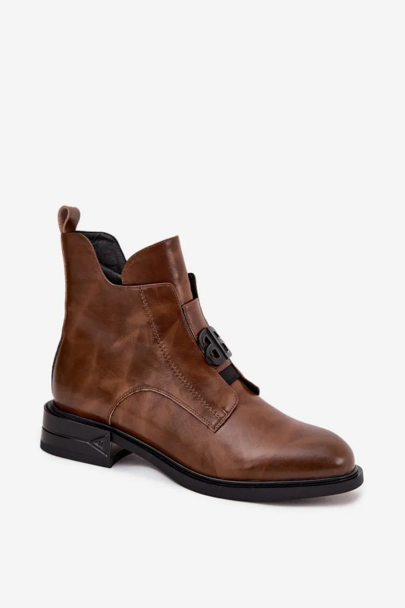 Botki Ocieplane|Botki Na Obcasie>Boto Ocieplane Skórzane Botki Damskie Z Ozdobnym Detalem Brązowe Briselda Brązowy