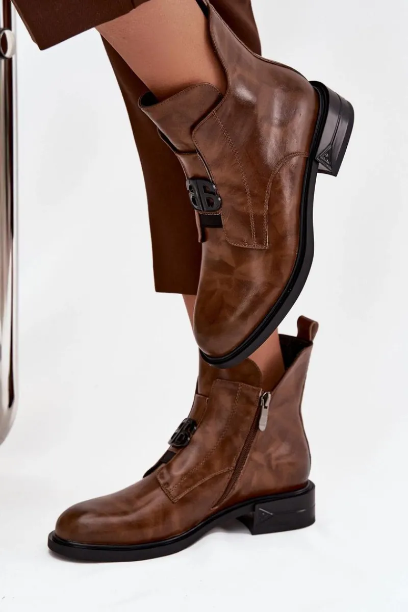 Botki Ocieplane|Botki Na Obcasie>Boto Ocieplane Skórzane Botki Damskie Z Ozdobnym Detalem Brązowe Briselda Brązowy