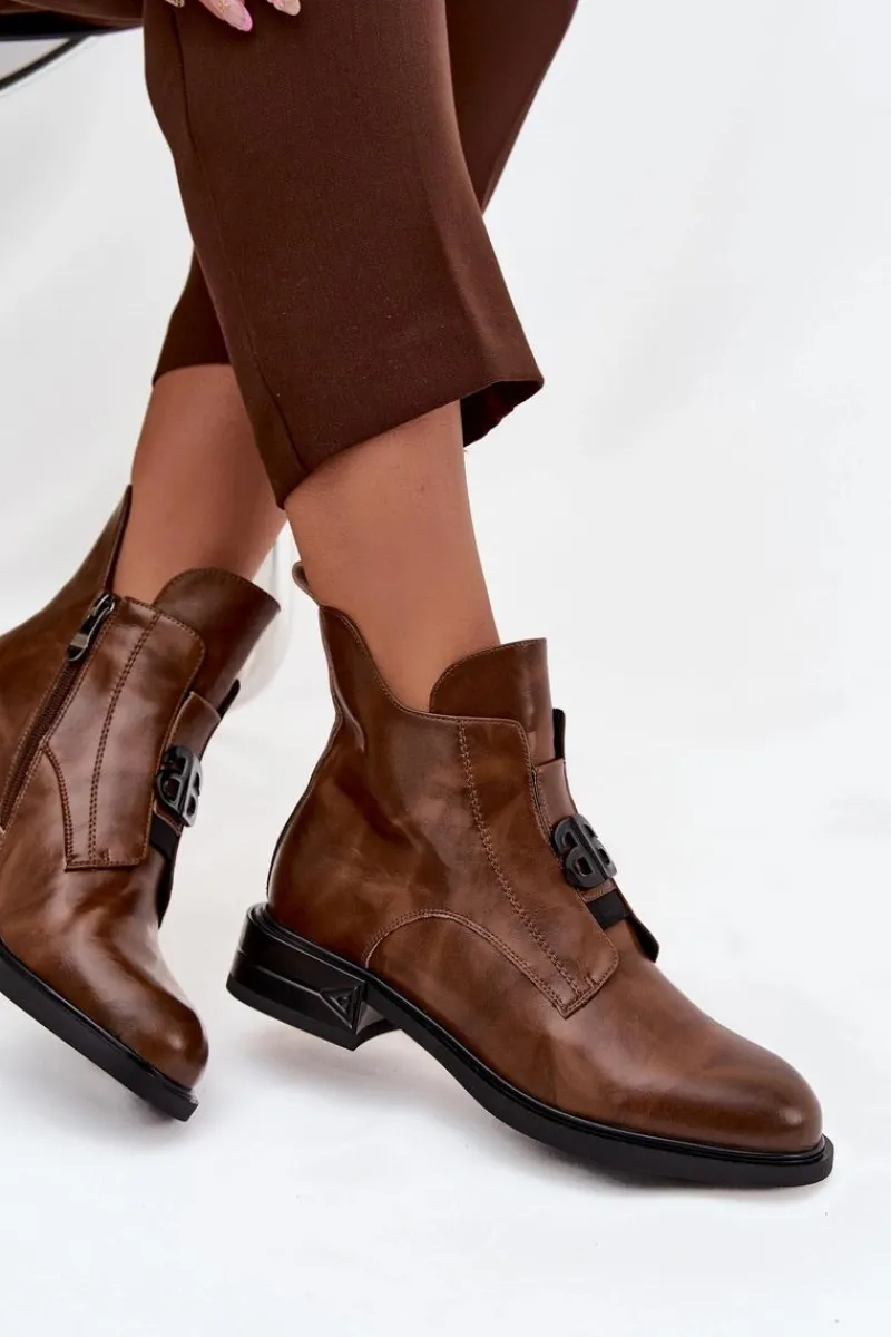 Botki Ocieplane|Botki Na Obcasie>Boto Ocieplane Skórzane Botki Damskie Z Ozdobnym Detalem Brązowe Briselda Brązowy