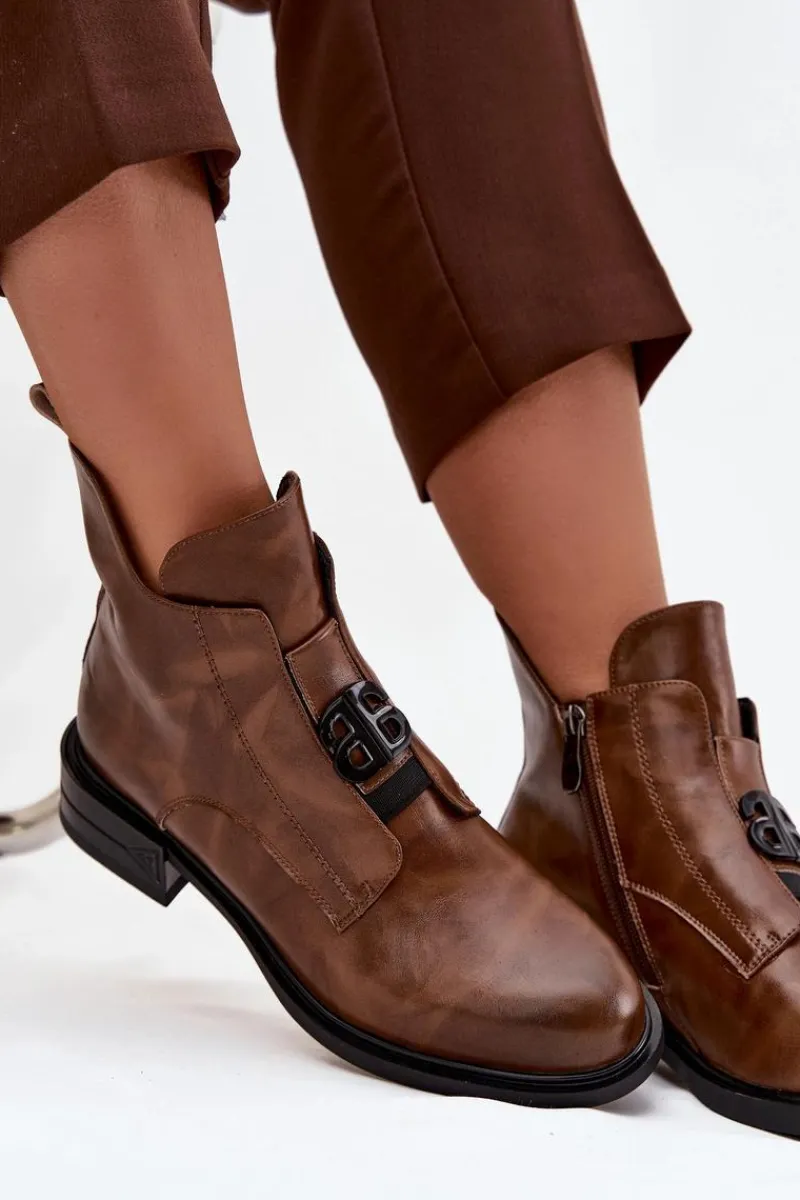 Botki Ocieplane|Botki Na Obcasie>Boto Ocieplane Skórzane Botki Damskie Z Ozdobnym Detalem Brązowe Briselda Brązowy