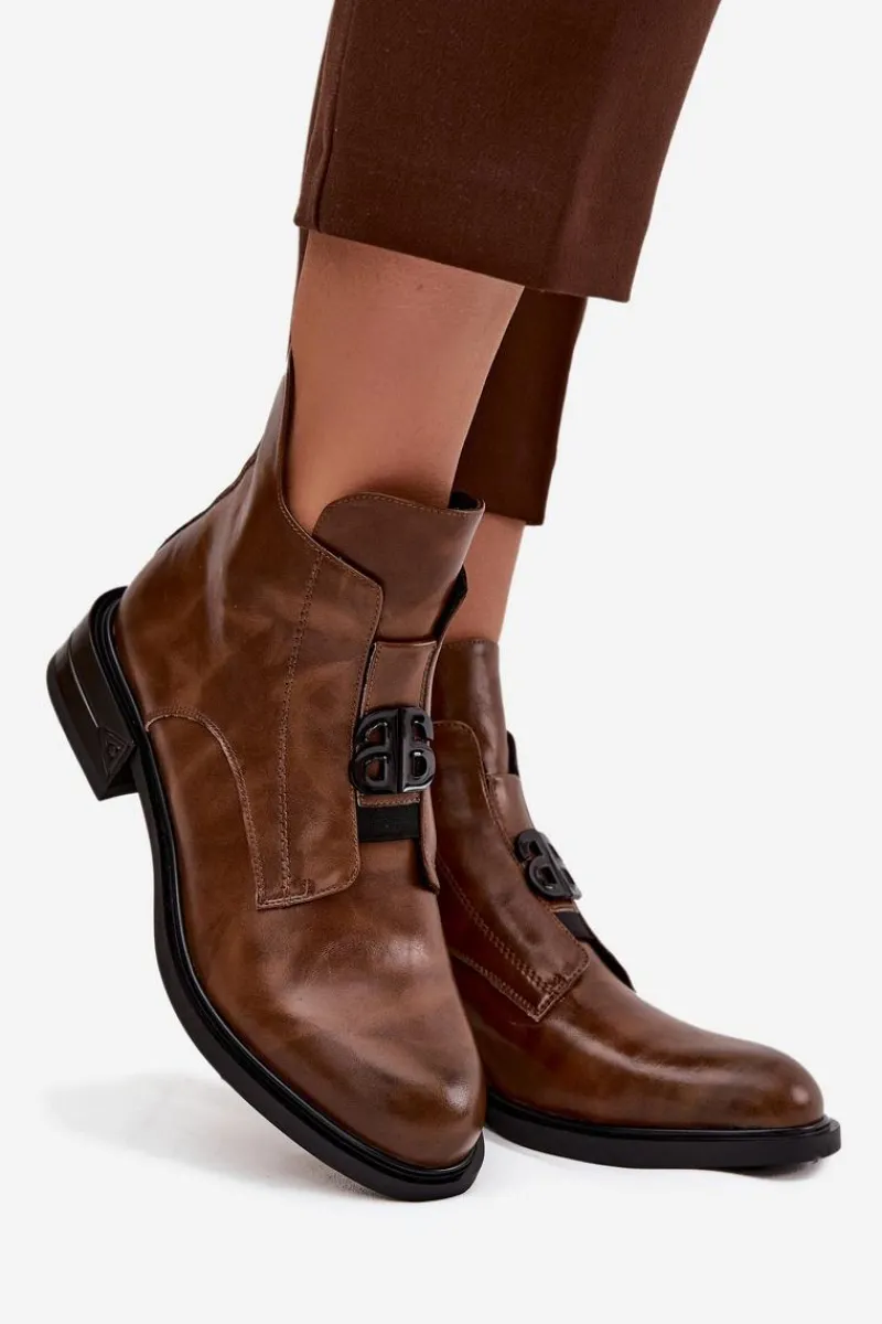 Botki Ocieplane|Botki Na Obcasie>Boto Ocieplane Skórzane Botki Damskie Z Ozdobnym Detalem Brązowe Briselda Brązowy