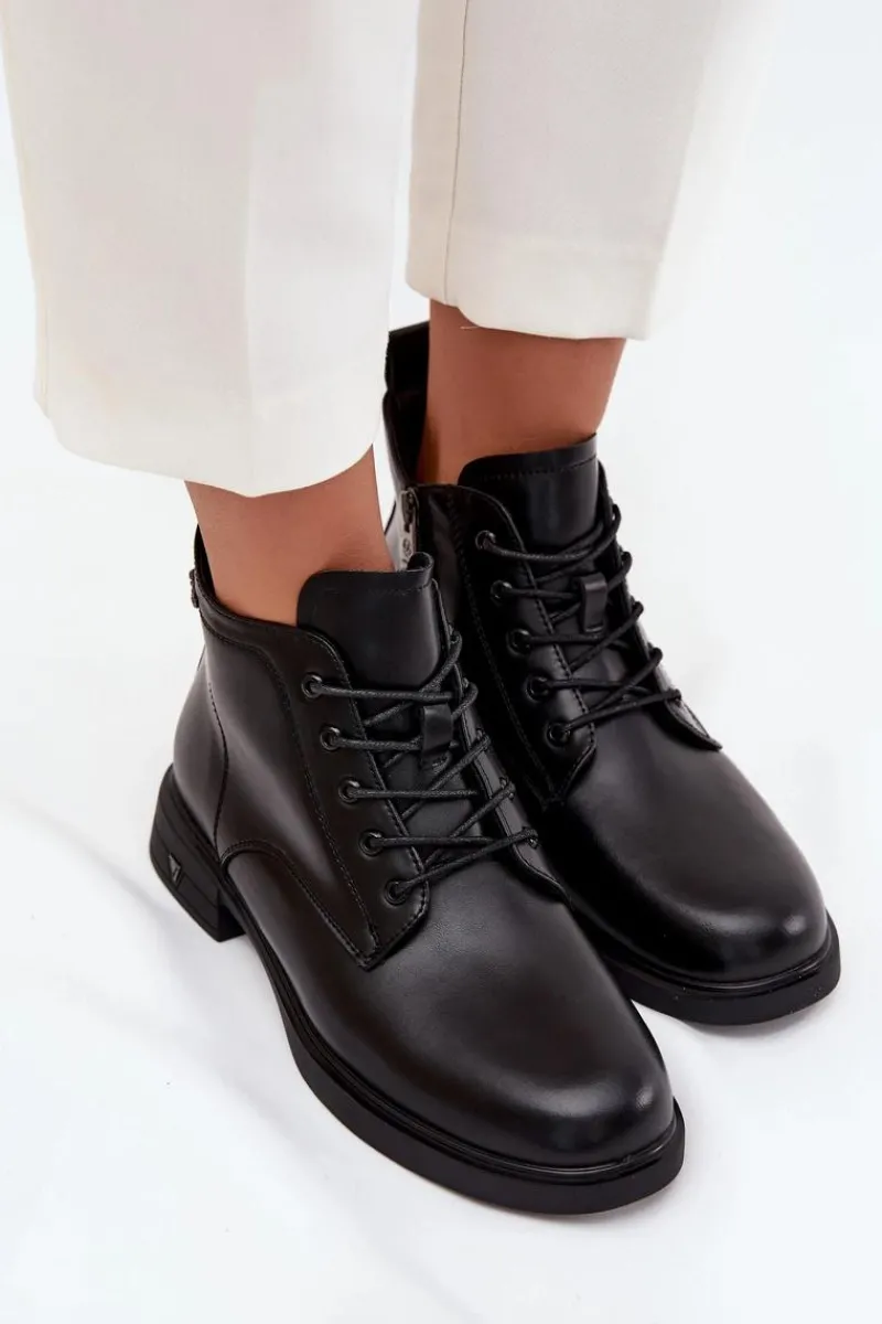 New Ocieplane Skórzane Botki Damskie Na Niskim Obcasie Vinceza 39953 Czarne Damskie Botki Ocieplane|Botki Sznurowane