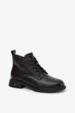 New Ocieplane Skórzane Botki Damskie Na Niskim Obcasie Vinceza 39953 Czarne Damskie Botki Ocieplane|Botki Sznurowane