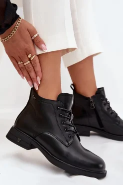 New Ocieplane Skórzane Botki Damskie Na Niskim Obcasie Vinceza 39953 Czarne Damskie Botki Ocieplane|Botki Sznurowane