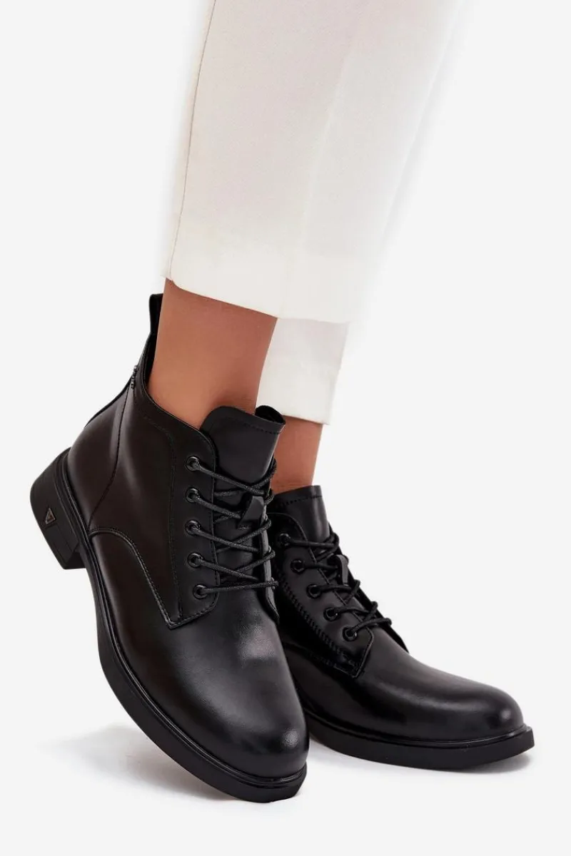 New Ocieplane Skórzane Botki Damskie Na Niskim Obcasie Vinceza 39953 Czarne Damskie Botki Ocieplane|Botki Sznurowane