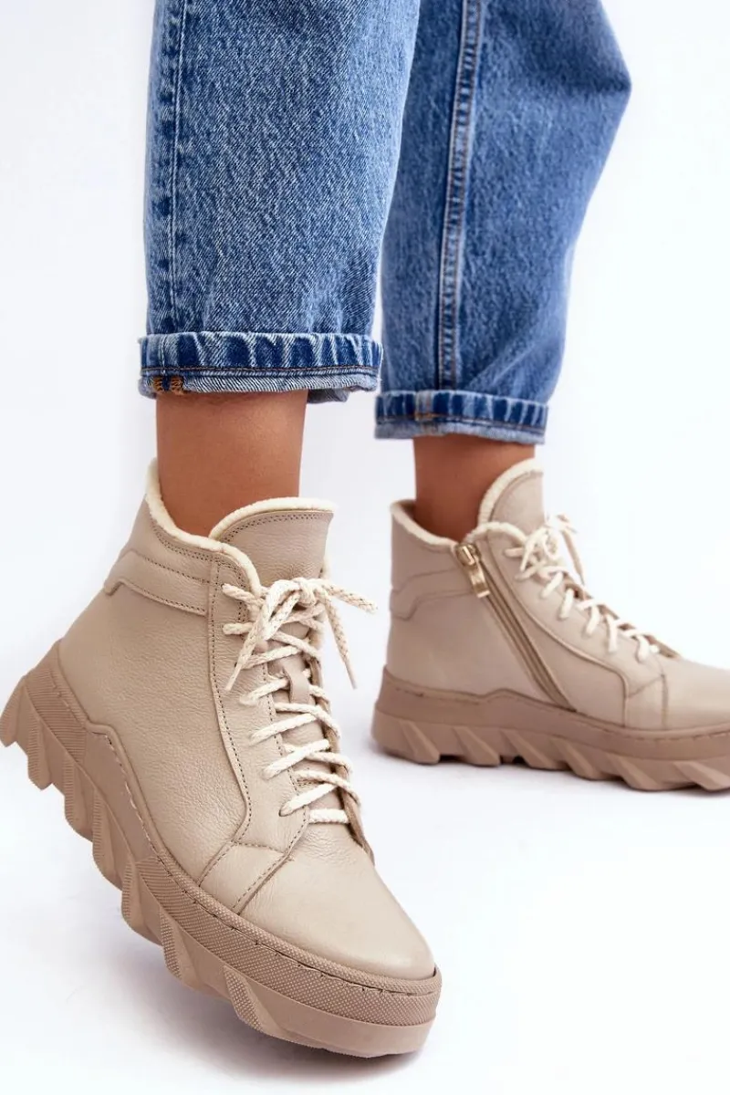 Best Ocieplane Skórzane Botki Damskie Na Platformie Beżowe Lemar Jevette Damskie Botki Ocieplane|Botki Skórzane
