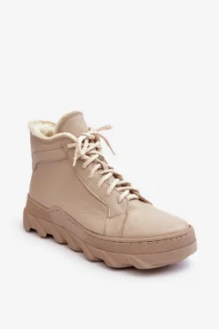 Best Ocieplane Skórzane Botki Damskie Na Platformie Beżowe Lemar Jevette Damskie Botki Ocieplane|Botki Skórzane
