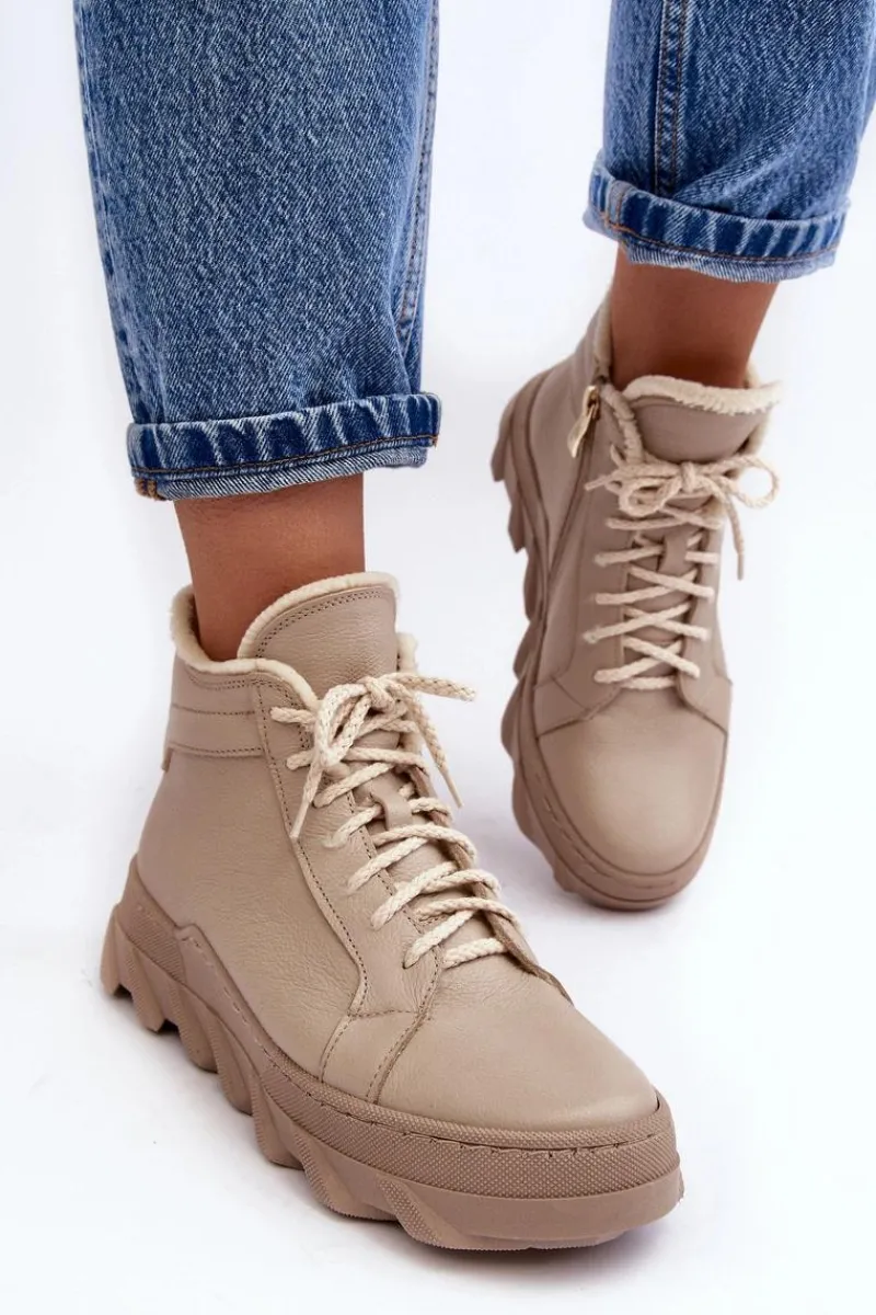 Best Ocieplane Skórzane Botki Damskie Na Platformie Beżowe Lemar Jevette Damskie Botki Ocieplane|Botki Skórzane