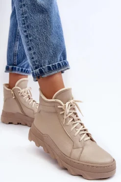 Best Ocieplane Skórzane Botki Damskie Na Platformie Beżowe Lemar Jevette Damskie Botki Ocieplane|Botki Skórzane