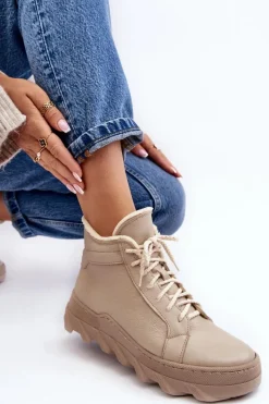 Best Ocieplane Skórzane Botki Damskie Na Platformie Beżowe Lemar Jevette Damskie Botki Ocieplane|Botki Skórzane