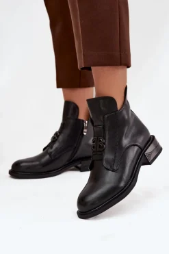 Outlet Ocieplane Skórzane Botki Damskie Z Ozdobnym Detalem Czarne Briselda Damskie Botki Ocieplane|Botki Na Obcasie