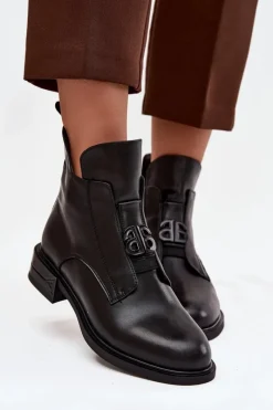 Outlet Ocieplane Skórzane Botki Damskie Z Ozdobnym Detalem Czarne Briselda Damskie Botki Ocieplane|Botki Na Obcasie