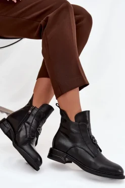 Outlet Ocieplane Skórzane Botki Damskie Z Ozdobnym Detalem Czarne Briselda Damskie Botki Ocieplane|Botki Na Obcasie