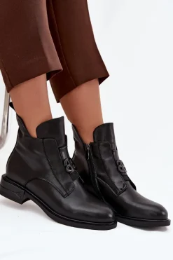 Outlet Ocieplane Skórzane Botki Damskie Z Ozdobnym Detalem Czarne Briselda Damskie Botki Ocieplane|Botki Na Obcasie