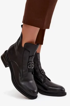 Outlet Ocieplane Skórzane Botki Damskie Z Ozdobnym Detalem Czarne Briselda Damskie Botki Ocieplane|Botki Na Obcasie