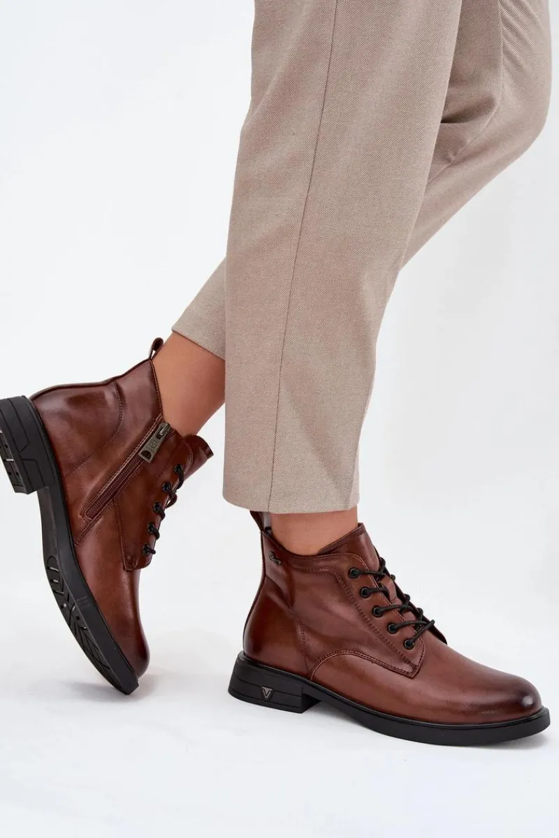 Outlet Buty damskie Vinceza Ocieplane Skórzane Botki Damskie Na Niskim Obcasie Vinceza 39953 Brązowe