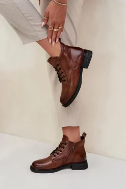 Outlet Buty damskie Vinceza Ocieplane Skórzane Botki Damskie Na Niskim Obcasie Vinceza 39953 Brązowe