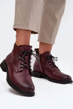 Discount Ocieplane Skórzane Botki Damskie Na Niskim Obcasie Vinceza 39953 Bordowe Damskie Botki Ocieplane|Botki Sznurowane