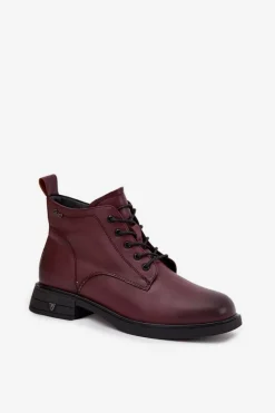 Discount Ocieplane Skórzane Botki Damskie Na Niskim Obcasie Vinceza 39953 Bordowe Damskie Botki Ocieplane|Botki Sznurowane