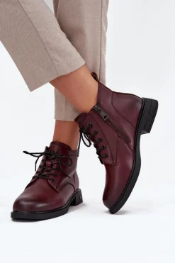 Discount Ocieplane Skórzane Botki Damskie Na Niskim Obcasie Vinceza 39953 Bordowe Damskie Botki Ocieplane|Botki Sznurowane
