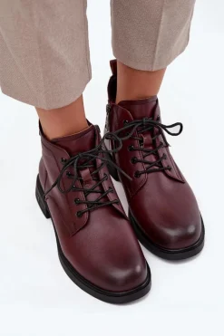 Discount Ocieplane Skórzane Botki Damskie Na Niskim Obcasie Vinceza 39953 Bordowe Damskie Botki Ocieplane|Botki Sznurowane