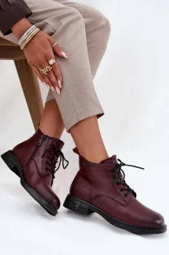 Discount Ocieplane Skórzane Botki Damskie Na Niskim Obcasie Vinceza 39953 Bordowe Damskie Botki Ocieplane|Botki Sznurowane