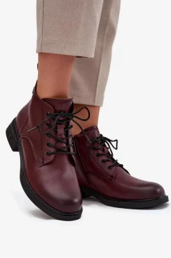 Discount Ocieplane Skórzane Botki Damskie Na Niskim Obcasie Vinceza 39953 Bordowe Damskie Botki Ocieplane|Botki Sznurowane
